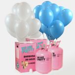 dos bombonas de helio grandes con 100 globos azul cielo y blanco