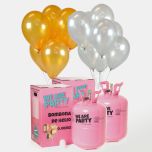 dos bombonas de helio grandes con 100 globos oro y plata