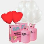 bombona de helio grande con 75 globos blancos y 2 corazones rojos