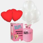 bombona de helio grande con 25 globos blancos y 2 corazones rojos