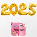 globos de fin de año con forma de numero 2024 color oro con bombona de helio pequeña