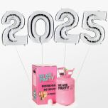 globos de fin de año con forma de numero 2022 color plata con bombona de helio pequeña
