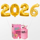 globos de fin de año con forma de numero 2024 color oro con bombona de helio pequeña