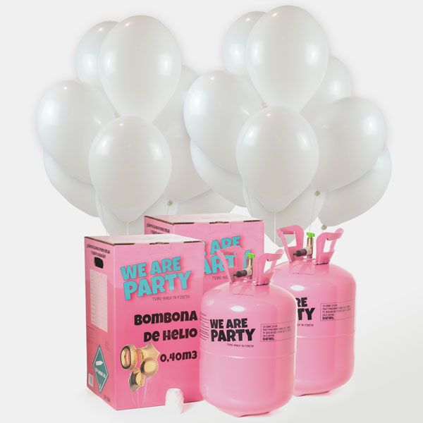 dos bombonas de helio grandes con 100 globos blancos metalizados