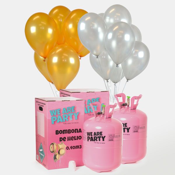 dos bombonas de helio grandes con 100 globos oro y plata