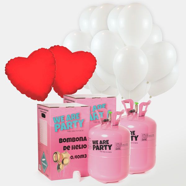 bombona de helio grande con 75 globos blancos y 2 corazones rojos