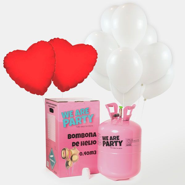 bombona de helio grande con 25 globos blancos y 2 corazones rojos