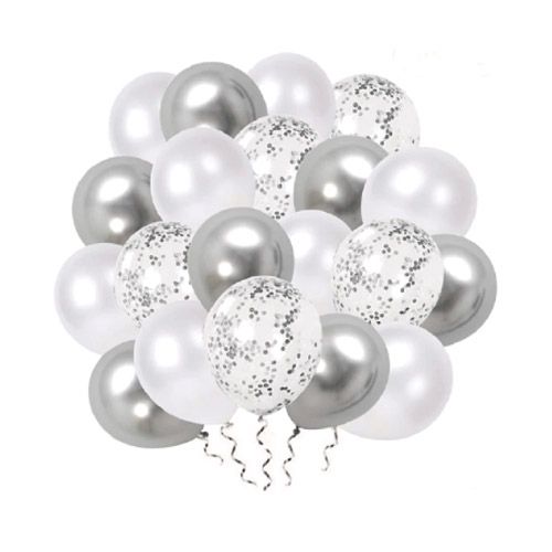 bouquet de 20 globos de látex 30cm blanco, plata y confetti plata