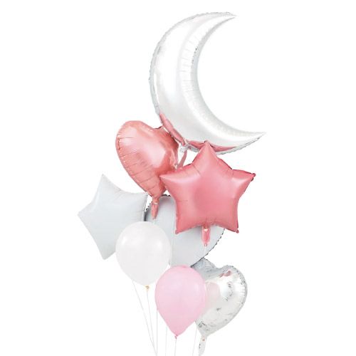 Bouquet 8 Globos Foil Metálicos y Látex con Luna Rosa y Blanco                            