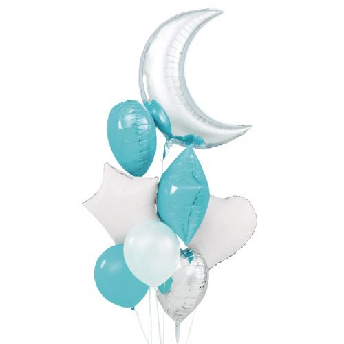 Bouquet 8 Globos Foil Metálicos y Látex con Luna Turquesa y Blanco