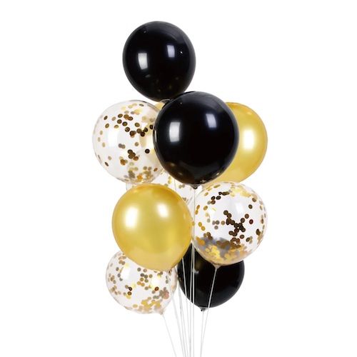 bouquet de globos de látex 30cm negro, oro y confeti dorado