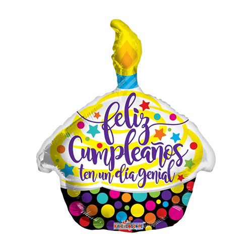 globo foil con forma de cupcake de 45 cm "Feliz cumpleaños, ten un dia genial"