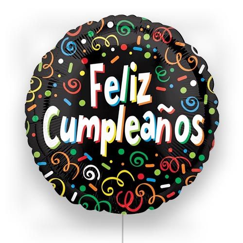 globo foil redondo 45cm Anagram con "feliz cumpleaños" y decoraciones de confeti