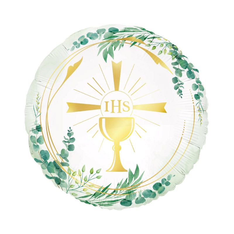 Globo foil 45 cm Comunión Cáliz IHS con hojas verdes