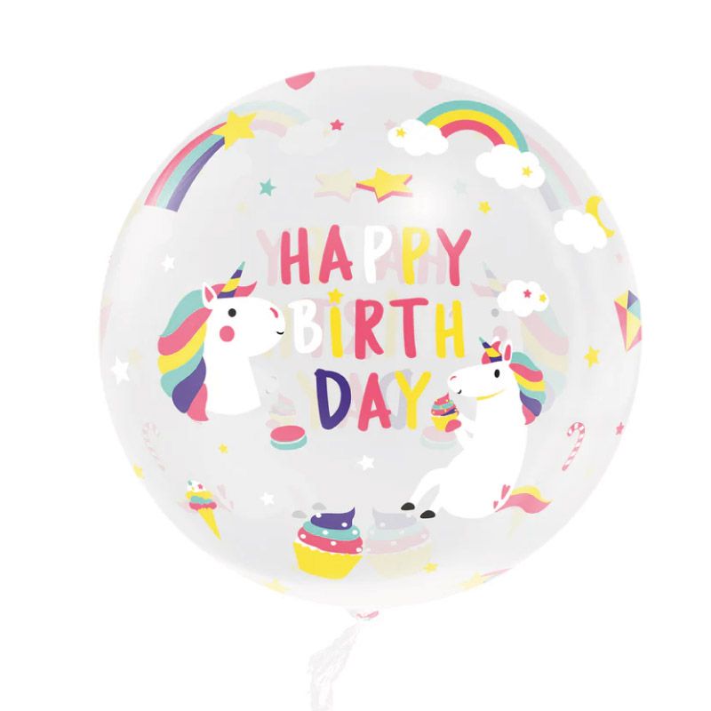 Globo Bubble Burbuja Happy Birthday Unicornios Transparente 45 cm
