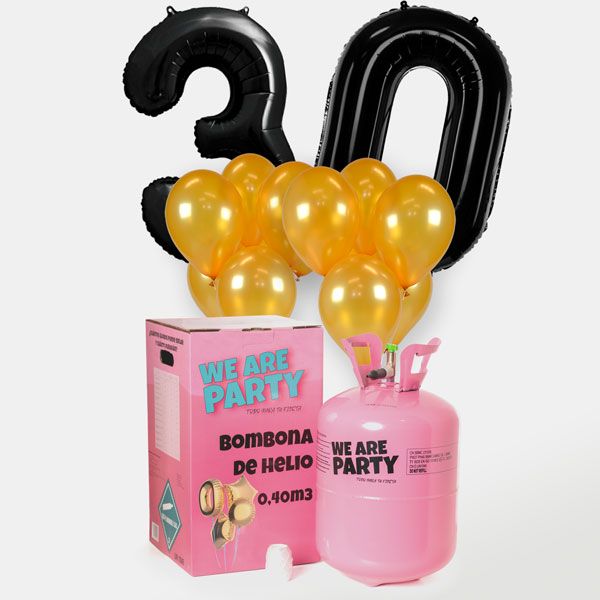 globos de cumpleaños color oro y negro con bombona de helio grande