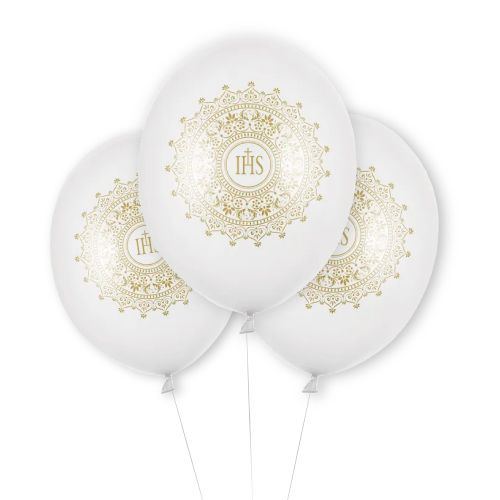 globos de latex comunion "ihs barroco" blanco metalizado