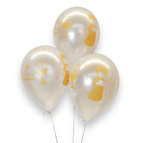 Bolsa 12 globos DECO Sempertex® Látex 30cm Blancos Mi Primera Comunion en Dorado