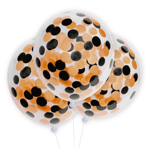 globos de látex transparentes con confeti real naranja y negro