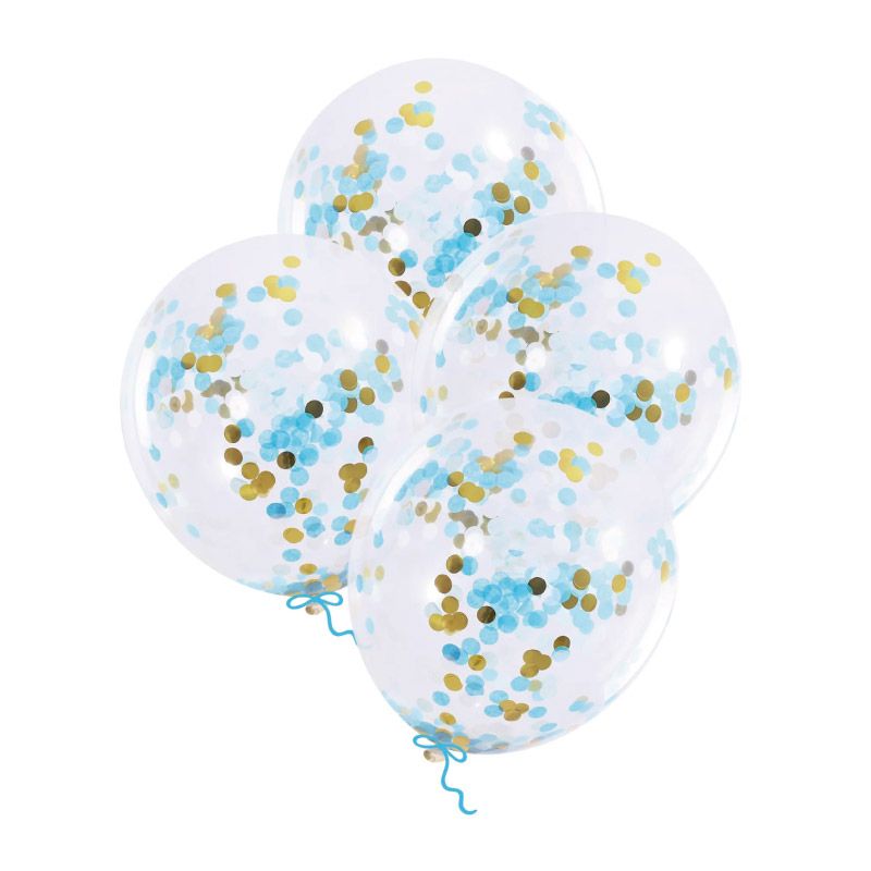 Bolsa 4 Globos DECO Látex 30cm Transparentes con Confeti Real Azul y Oro