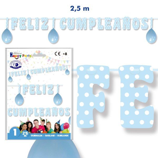 guirnalda feliz cumpleaños azul claro de 2,50m