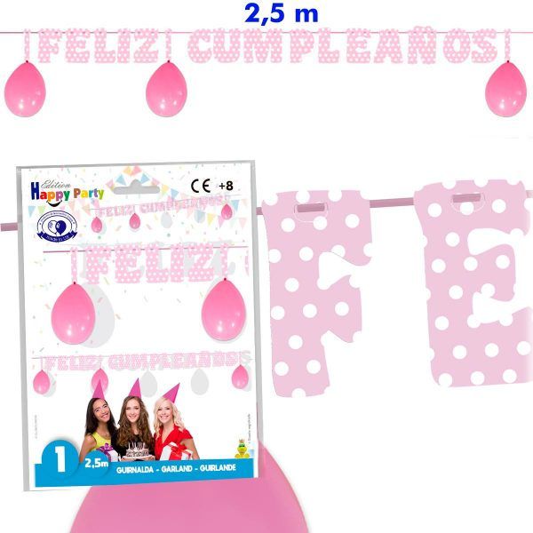 guirnalda feliz cumpleaños rosa claro de 2,50m