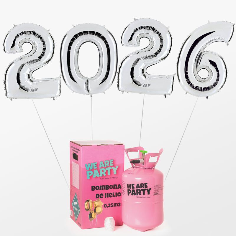 globos de fin de año con forma de numero 2026 color plata con bombona de helio pequeña
                            