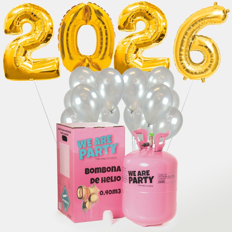 globos de fin de año con forma de numero 2026 color oro con bombona de helio grande