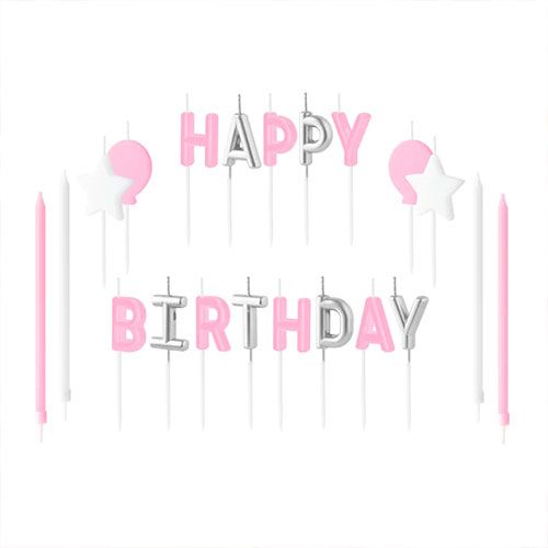 set de velas de cumpleaños "happy birthday" rosa, blanco y plata