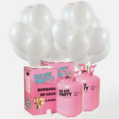 dos bombonas de helio grandes con 100 globos blancos metalizados