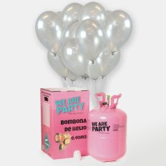 bombona de helio grande con 50 globos plata