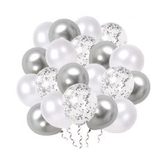 bouquet de 20 globos de látex 30cm blanco, plata y confetti plata