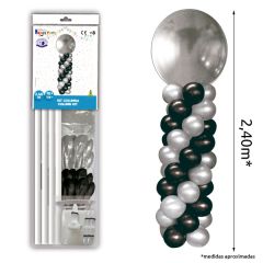 Columna de globos plata y negro metalizados de 2,40m