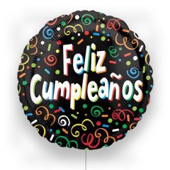 globo foil redondo 45cm Anagram con "feliz cumpleaños" y decoraciones de confeti