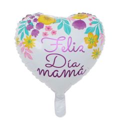 globo foil metálico forma corazón feliz dia mama con flores