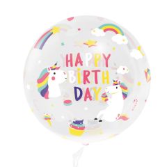 Globo Bubble Burbuja Happy Birthday Unicornios Transparente 45 cm