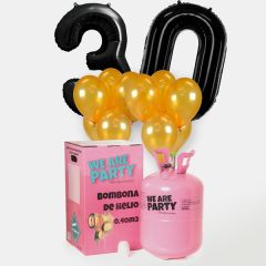 globos de cumpleaños color oro y negro con bombona de helio grande
