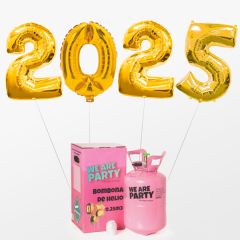 globos de fin de año con forma de numero 2024 color oro con bombona de helio pequeña