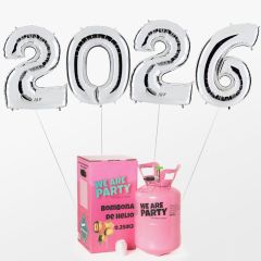 globos de fin de año con forma de numero 2026 color plata con bombona de helio pequeña
                            