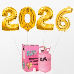 globos de fin de año con forma de numero 2024 color oro con bombona de helio pequeña