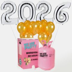 globos de fin de año con forma de numero 2024 color plata con bombona de helio grande